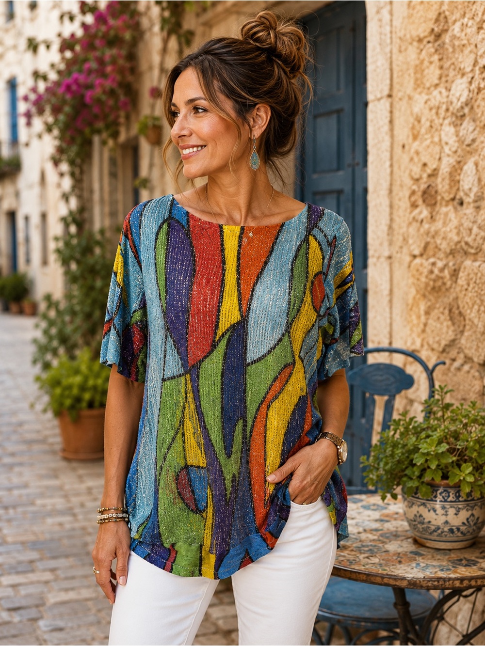 Ali Miles Abstract Multicolor Textured Top | Artistic Lightweight Tunic | Medium